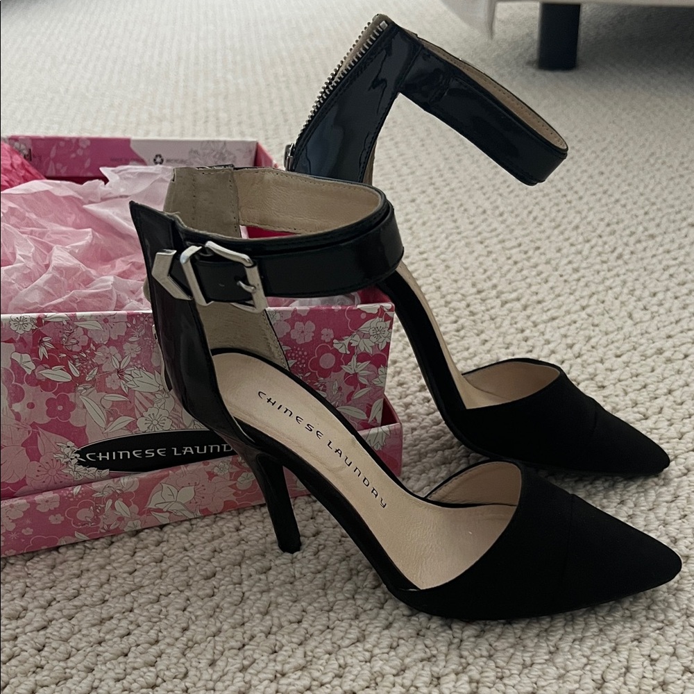 Chinese Laundry Black Patent Ankle Strap Heels